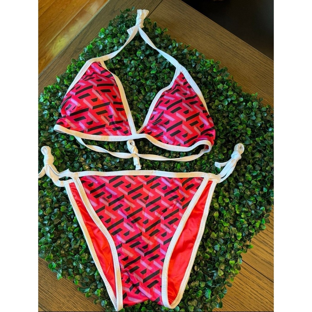 Pink Black Greca Monogram Triangle Bikini Swimsuit Set 2XL New